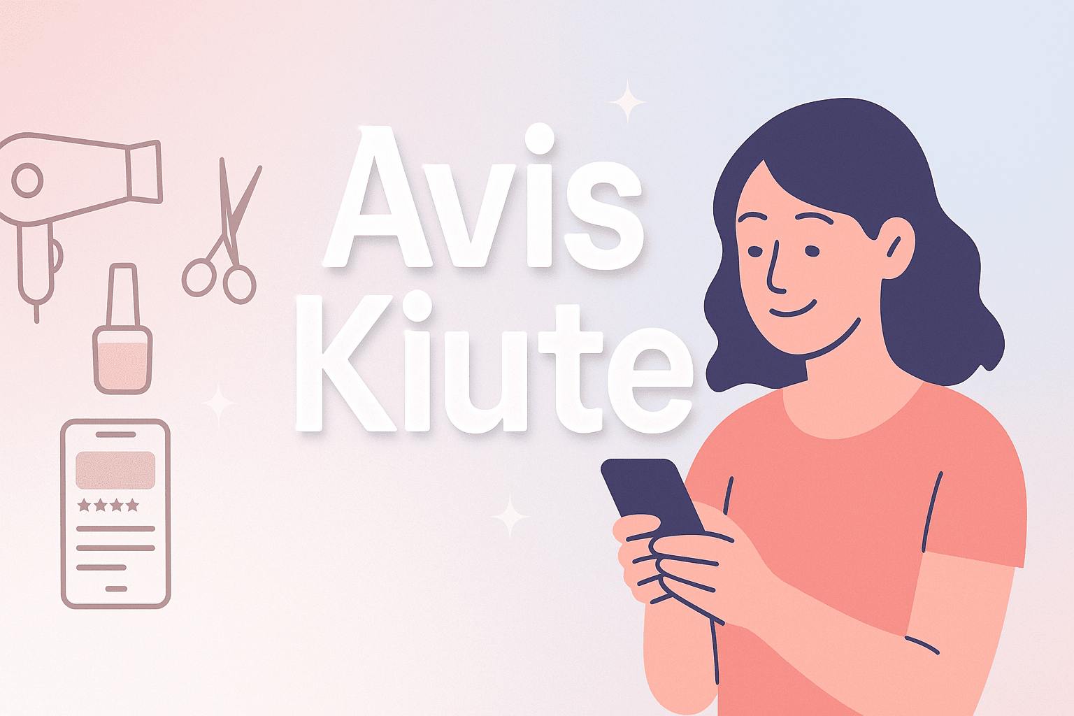 Jeune femme souriante regardant son téléphone à droite, fond dégradé pastel rose et bleu, titre “Avis Kiute” centré en blanc, icônes beauté et smartphone à gauche