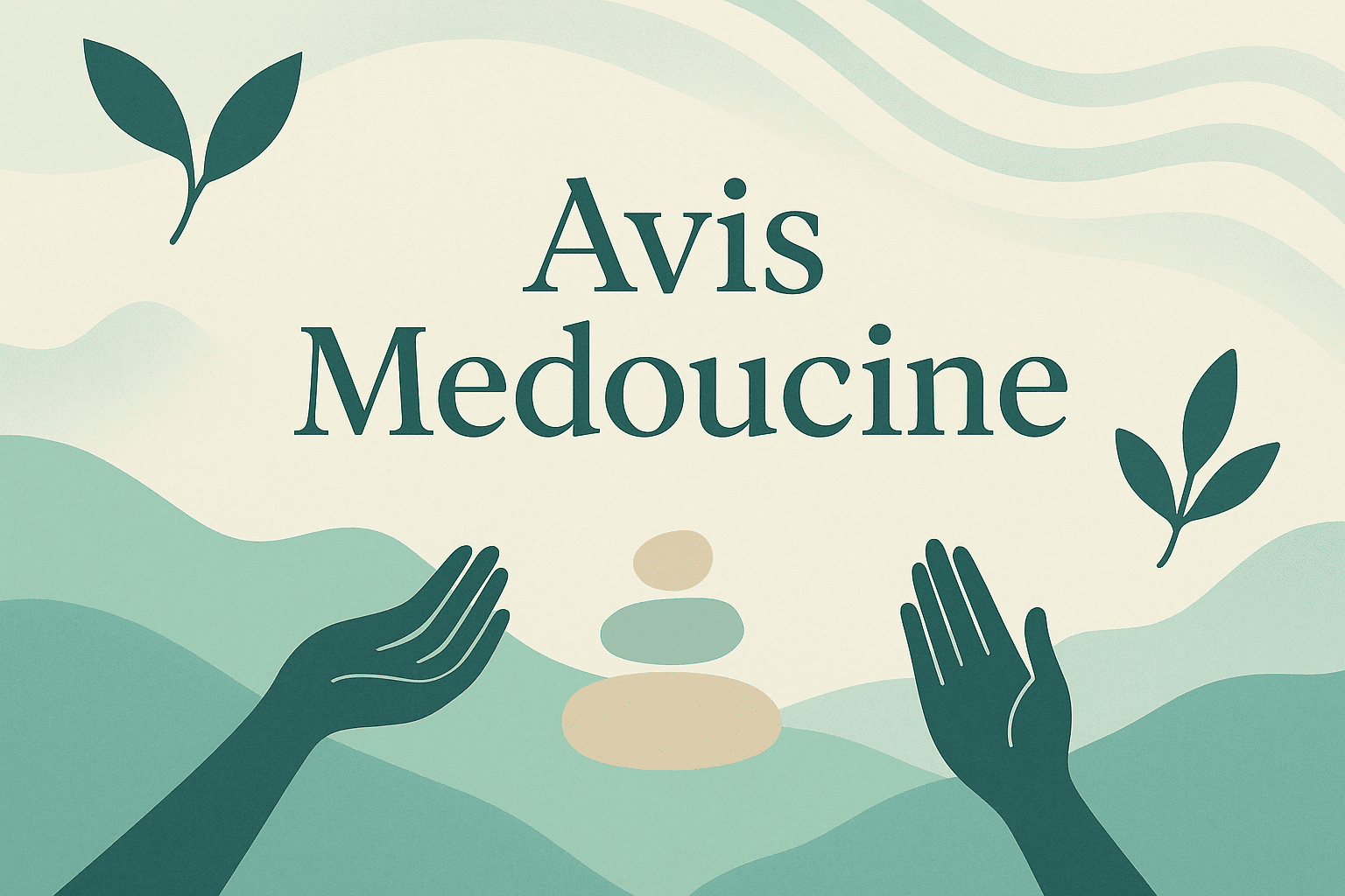 Texte “Avis Medoucine” sur fond pastel avec feuilles, mains et lignes fluides évoquant le bien-être