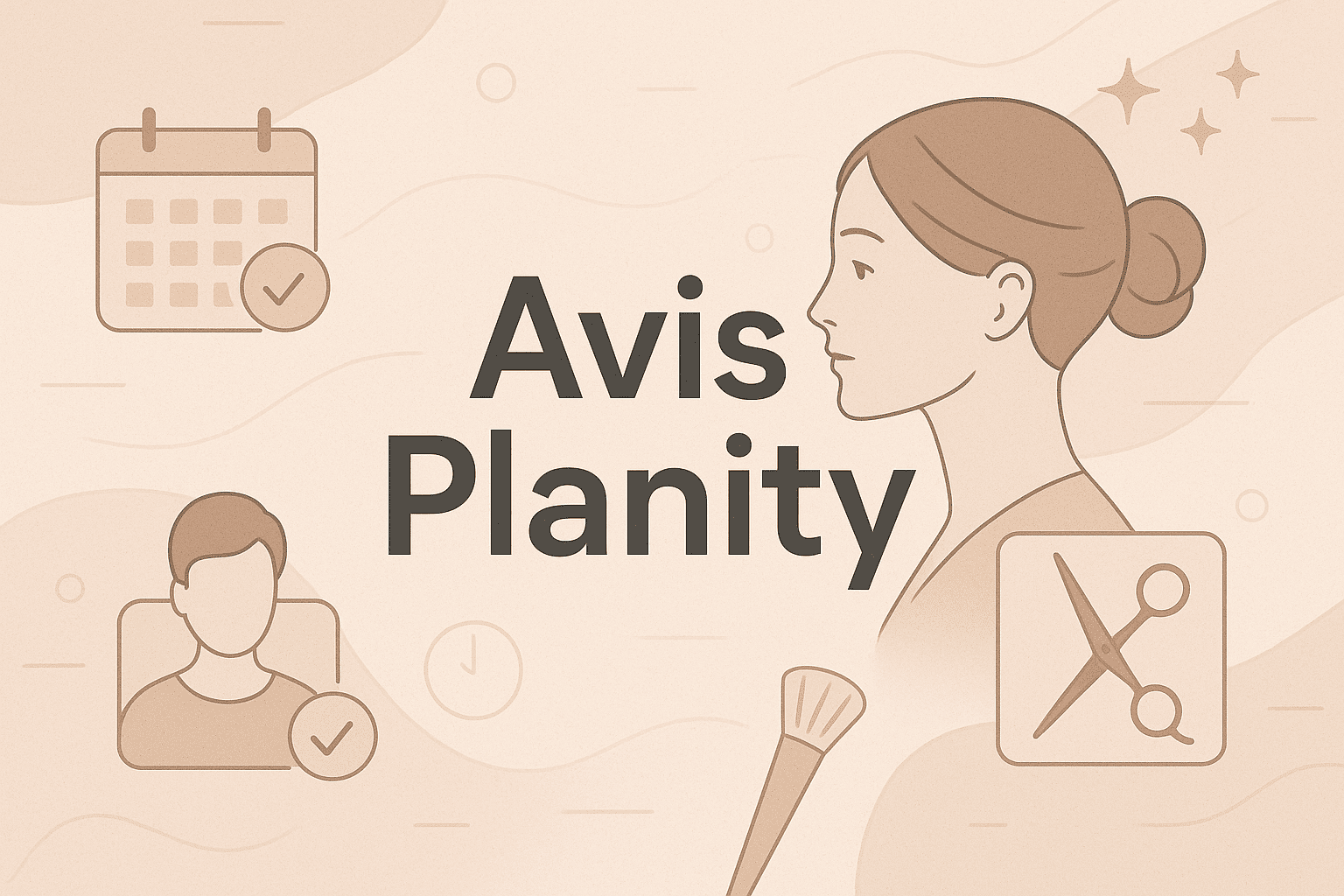 Texte « Avis Planity » en grand sur fond rose-violet, décor de calendrier stylisé et petites icônes beauté