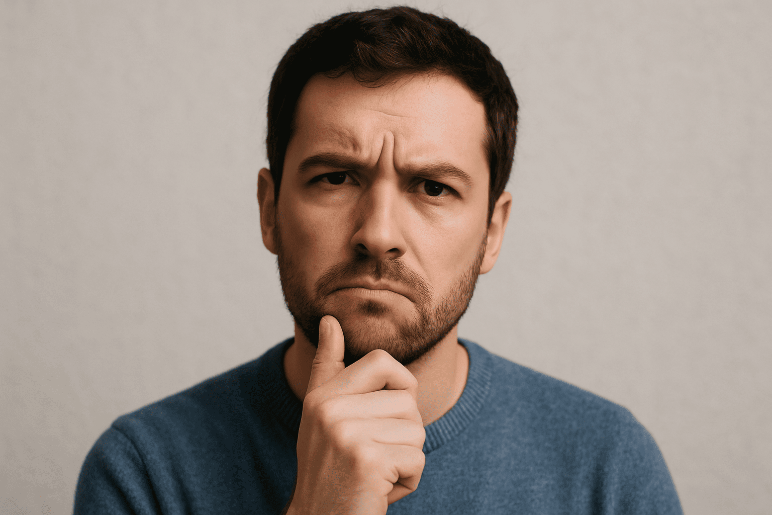 Un homme au regard interrogatif illustrant un doute ou une réflexion sur son expérience avec Valebio