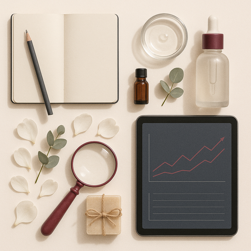 Flatlay bien-être : carnet, crayon, tablette à graphique grenat, loupe, sérum, huiles, savon, eucalyptus et pétales sur fond crème