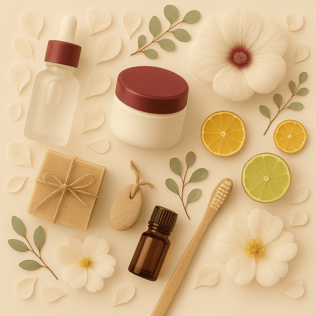 Vue du dessus d’une spirale de cosmétiques naturels sur fond ivoire : sérum, crème rose, gua sha blanche, brosse bambou, huile, savon, avec pétales, hibiscus, agrumes et eucalyptus, espace vide au centre