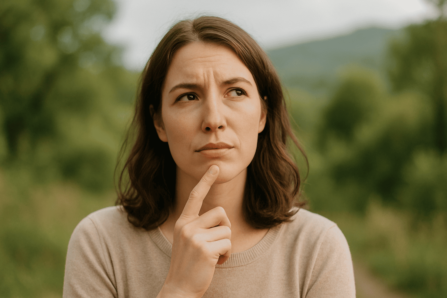 Femme pensive regardant au loin, exprimant sa réflexion après son expérience avec l’entreprise CSHP