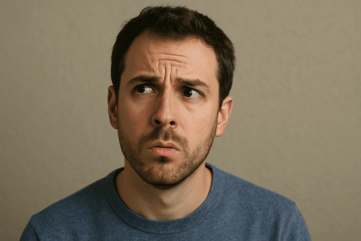 Portrait d'un homme avec une expression pensive et interrogative sur fond neutre, illustrant la réflexion autour d'un avis client sur l'entreprise Lazeo