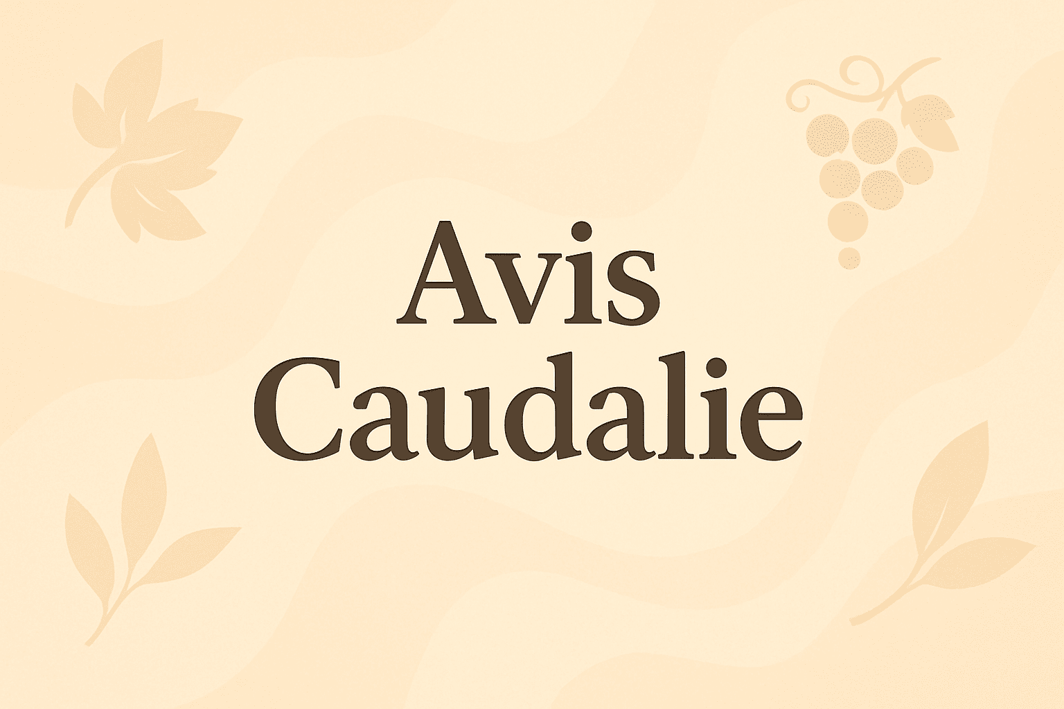 Fond beige clair décoré de feuilles de vigne stylisées, texte « Avis Caudalie » centré