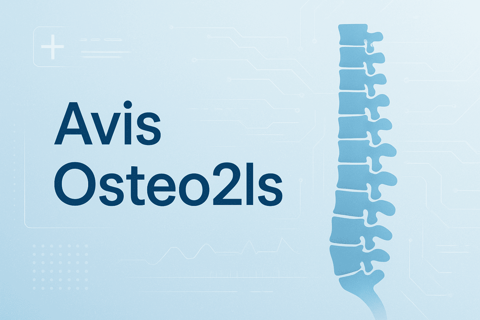 Texte « Avis Osteo2ls » sur fond bleu, avec colonne vertébrale stylisée et petites icônes d’interface numérique